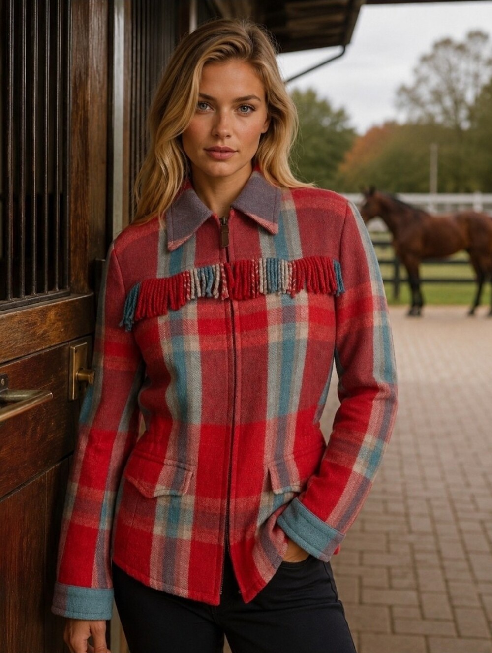 Ralph Lauren Blue Label Red Plaid Fringe Zip Jacket with Teal Accents